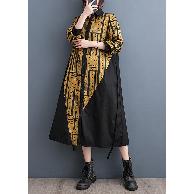Yellow Patchwork Cotton Long Dresses Asymmetrical Fall