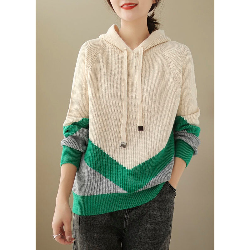 Apricot Drawstring Hooded Knit Sweaters Long Sleeve