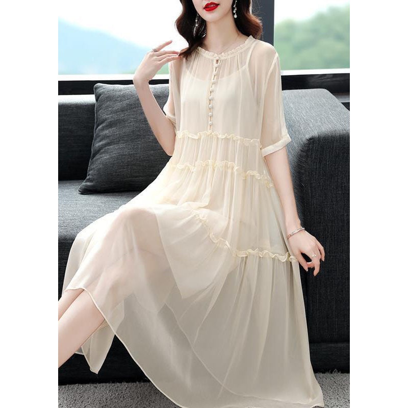 Apricot Patchwork Silk Two Pieces Set O-Neck Ruffled Dress Summer