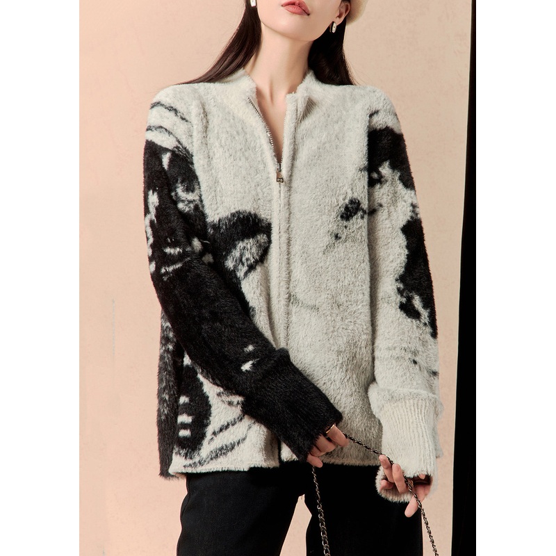 Art Grey Zip Up Patchwork Cotton Knit Coat Winter