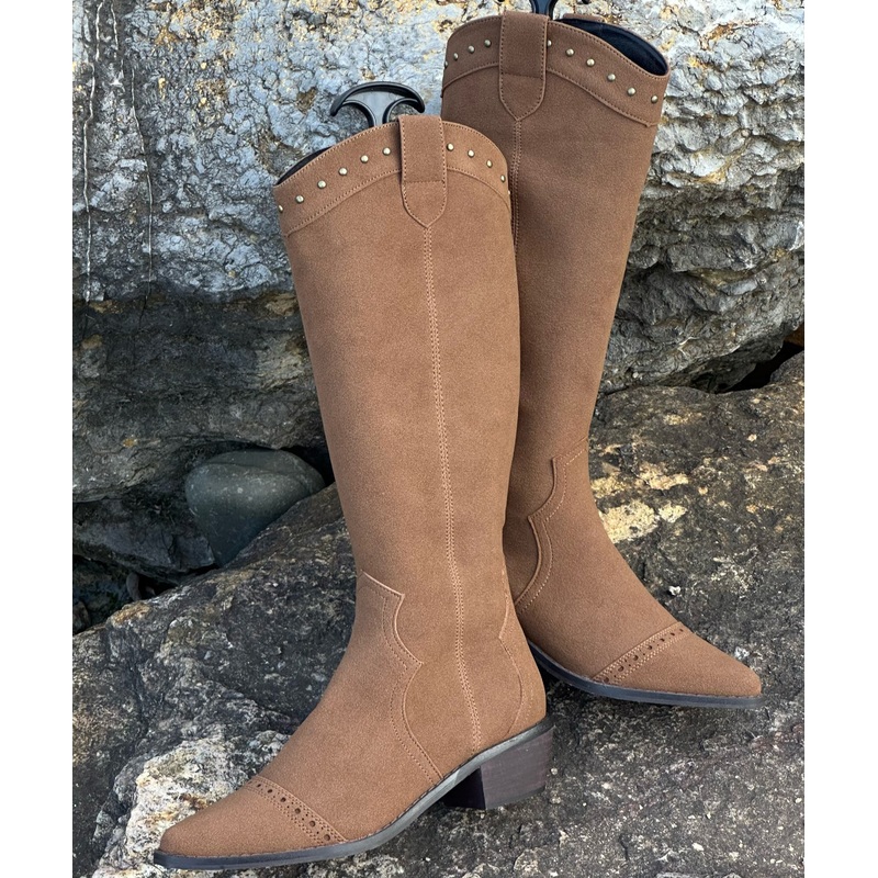 Art Splicing Chunky Boots Brown Suede Pointed Toe Rivet