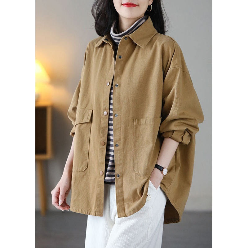 Art Yellow Peter Pan Collar Oversized Pocket Cotton Coat Spring