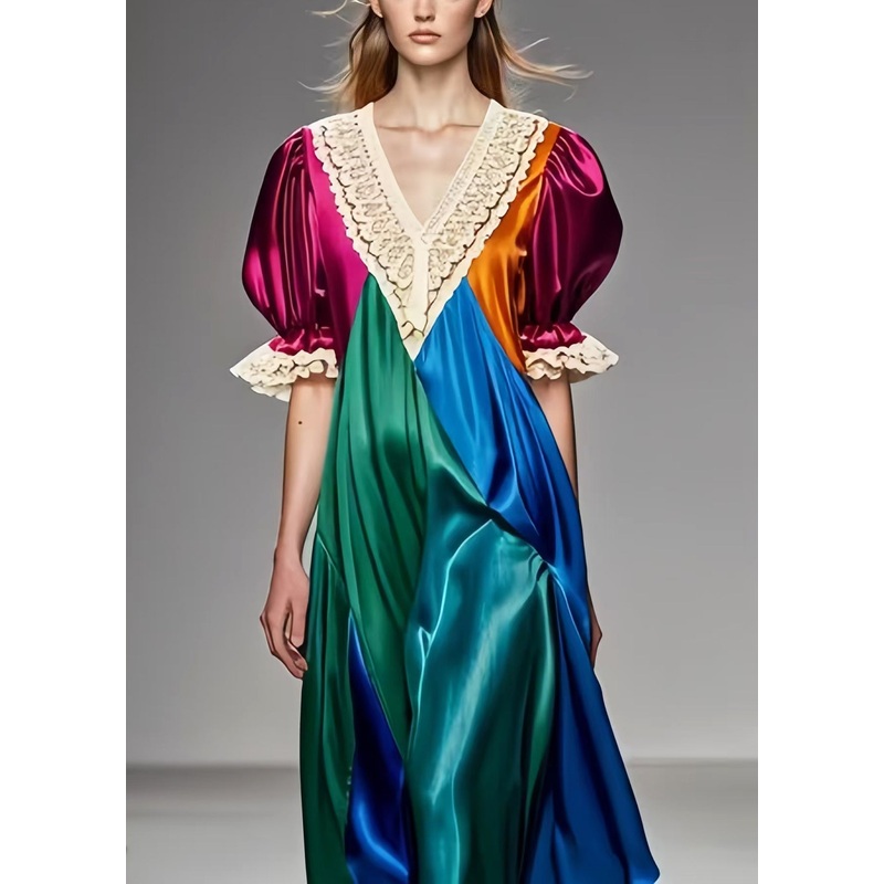 Beautiful Colorblock Puff Sleeve Patchwork Silk Dress Summer