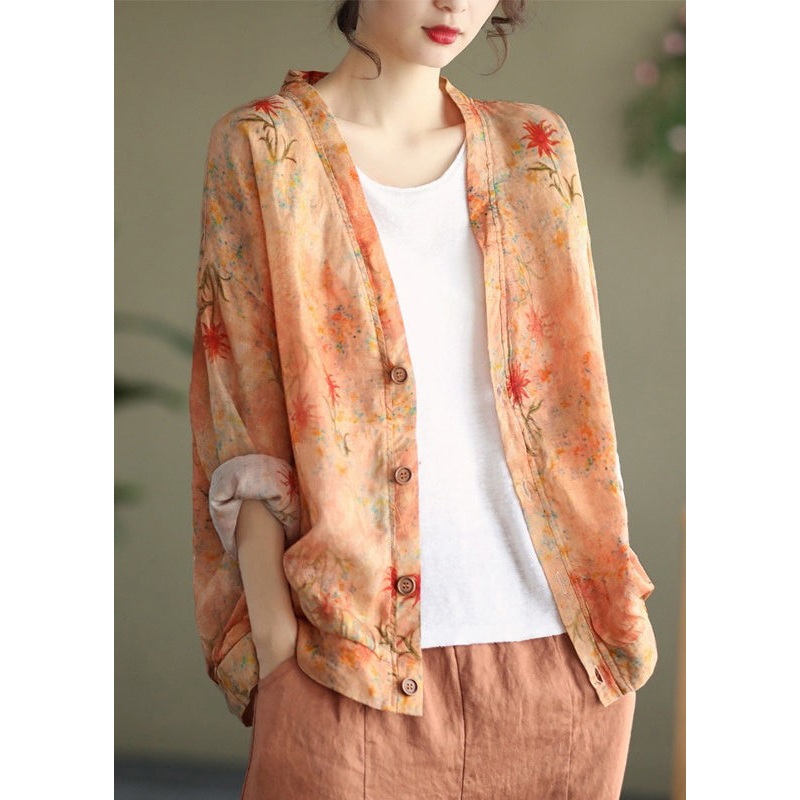 Beautiful Orange V Neck Button Print Cotton Cardigans Spring