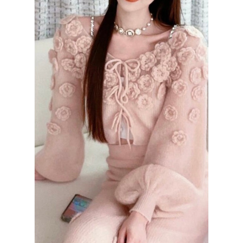 Beautiful Pink Floral Lace Up Knit Sweaters Fall