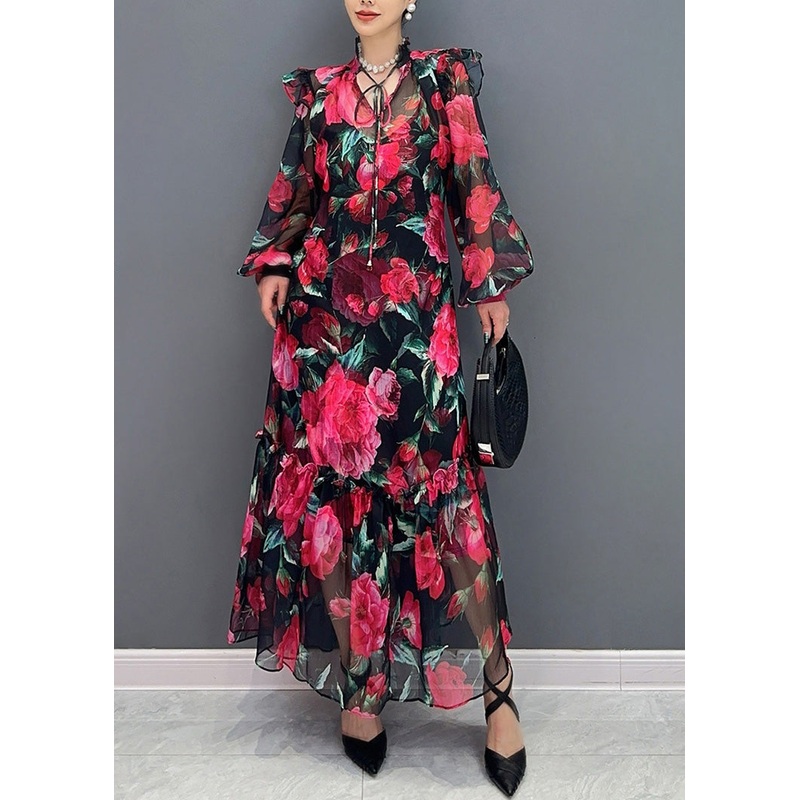 Beautiful Red Tie Lace Print Chiffon Maxi Dresses Fall