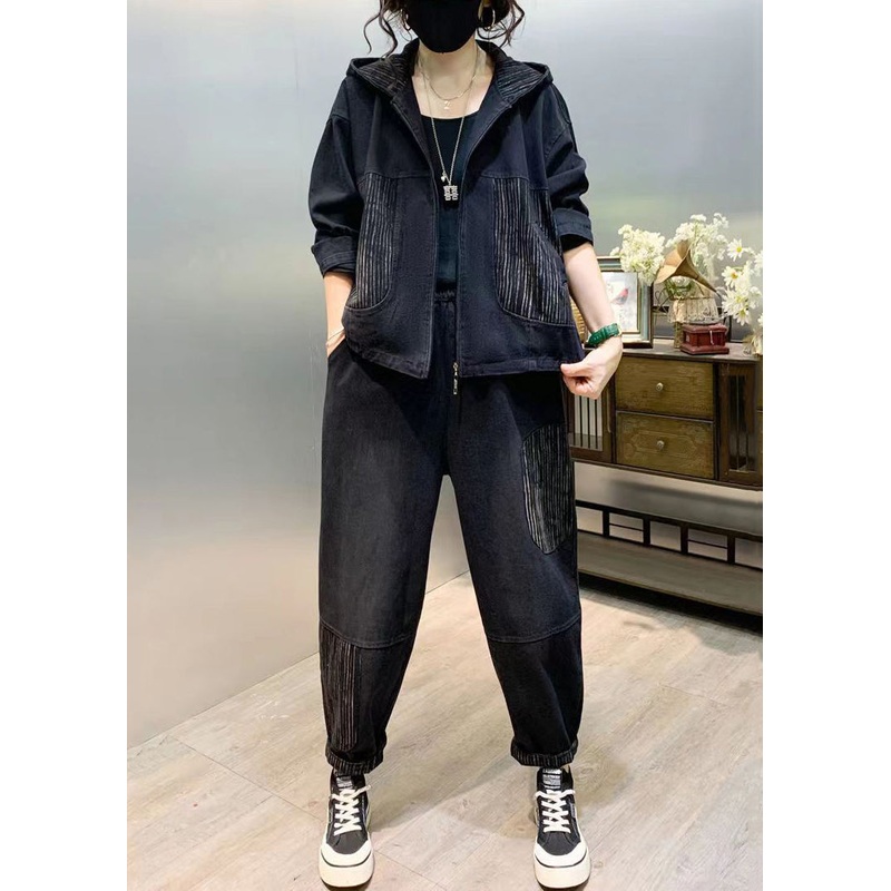 Black Patchwork Denim Two Piece Set Tops And Pants Fall