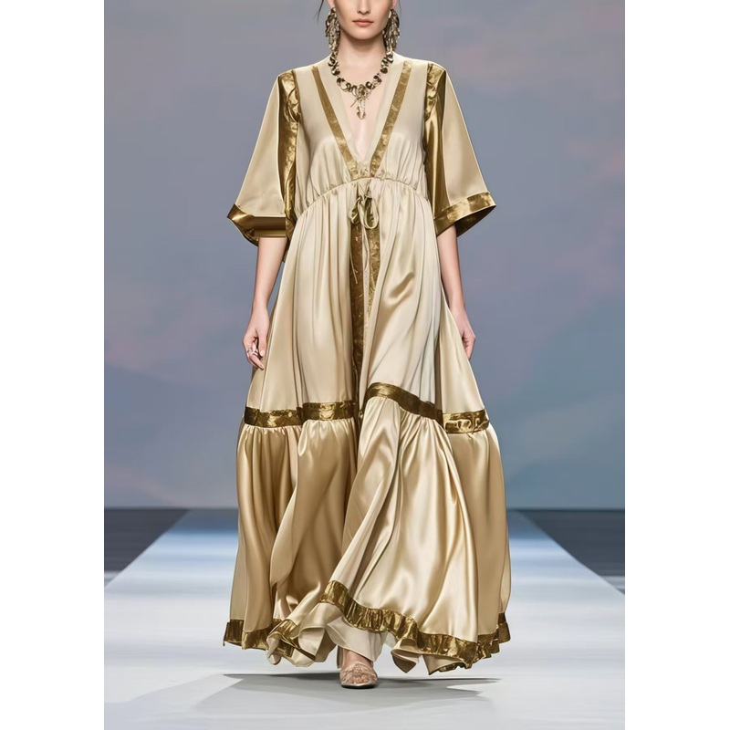 Bohemian Khaki V Neck Patchwork Exra Large Hem Silk Long Dress Half Sleeve