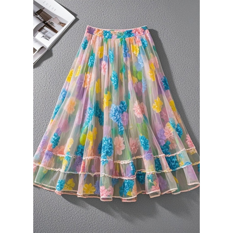 Bohemian Multicolor Floral Print Tulle Beach Skirt Summer
