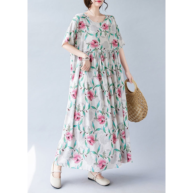 Bohemian Pink Print Patchwork Holiday Long Dress Short Sleeve