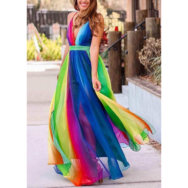 Bohemian Rainbow V Neck Backless Chiffon Spaghetti Strap Dress Sleeveless