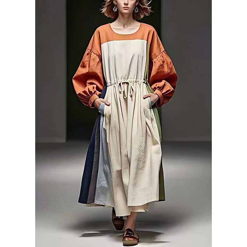 Boho Colorblock Cinched Patchwork Cotton Vacation Dresses Puff Sleeve