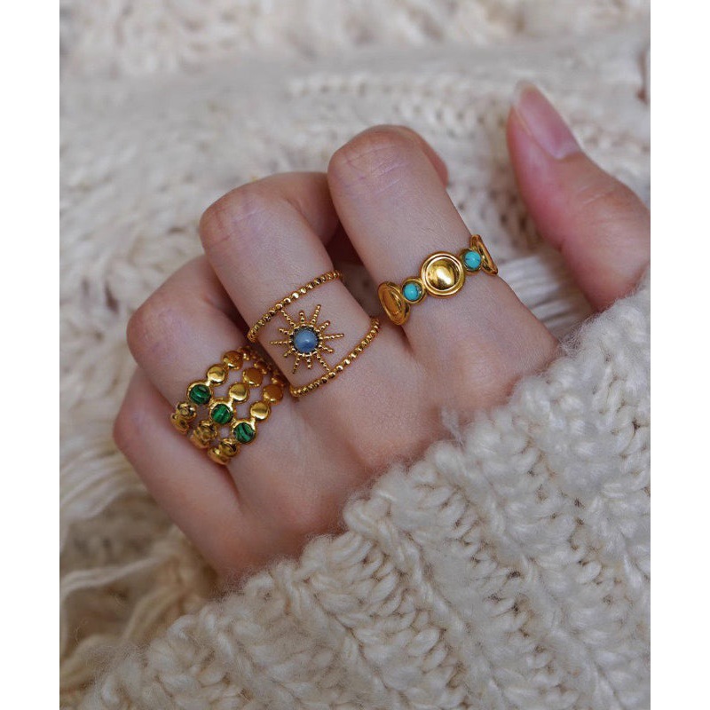 Boho Gold Turquoise Bearded Star Gem Stone Hollow Out Three Piece Set Rings