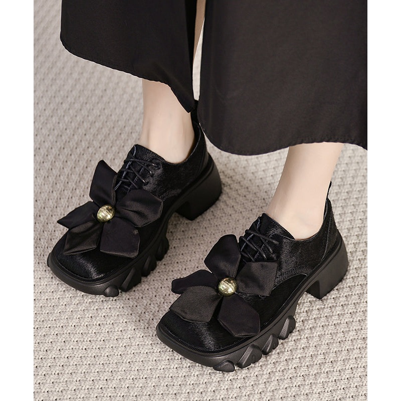 Boutique Splicing Chunky Loafers Black Ma Hai Mao Lace Up