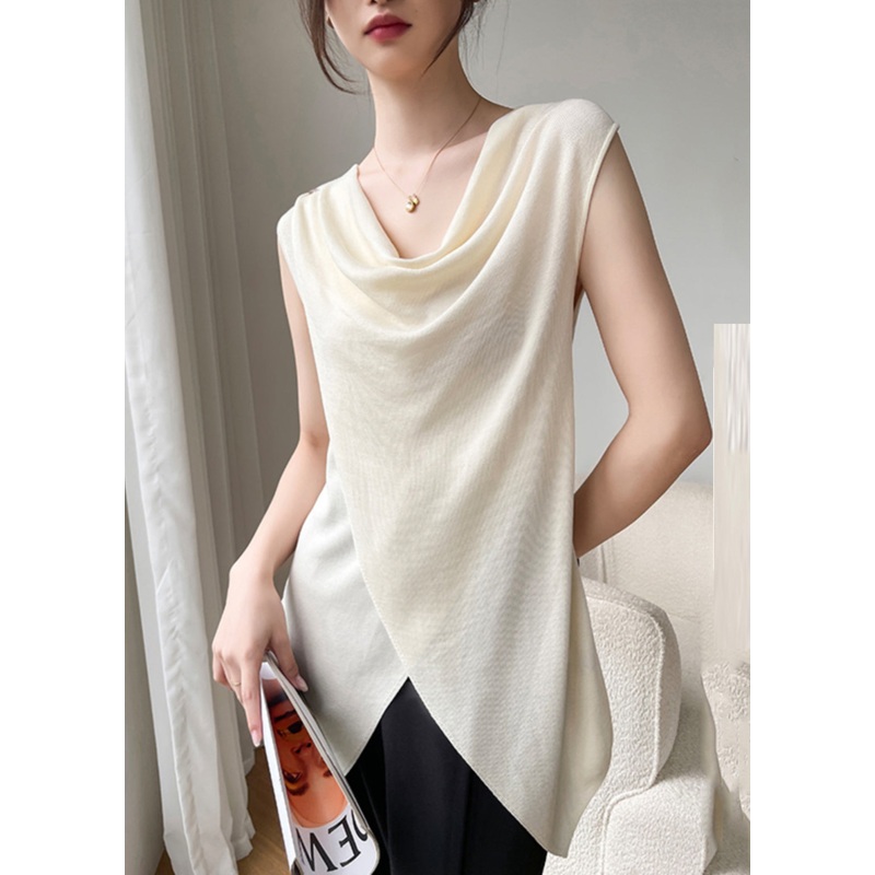 Brief Beige Asymmetrical Solid Silk Top Sleeveless
