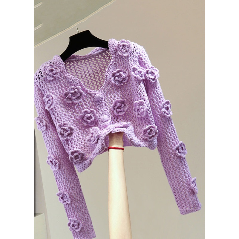 Brief Purple V Neck Embroidered Floral Cotton Knit Sweater Spring