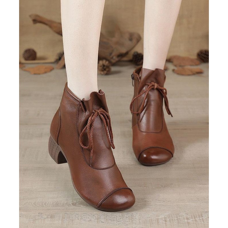 Brown Chunky Cowhide Leather Simple Splicing Ankle boots