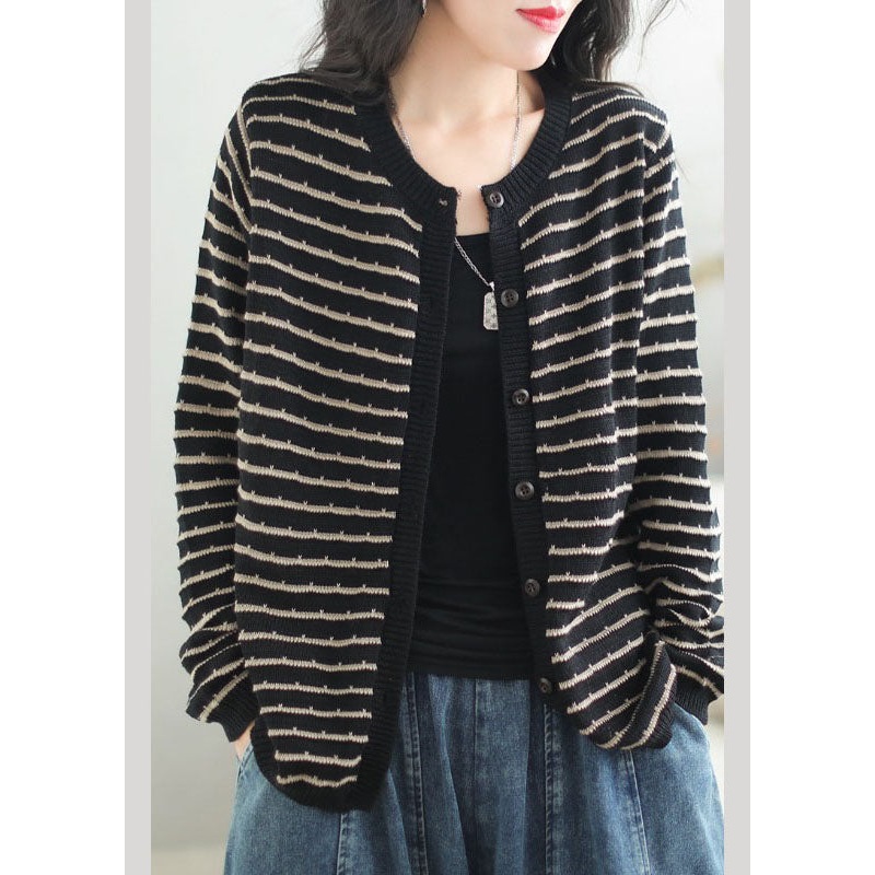 Casual Black O-Neck Striped Patchwork Button Cozy Cotton Knit Sweaters Coats Fall
