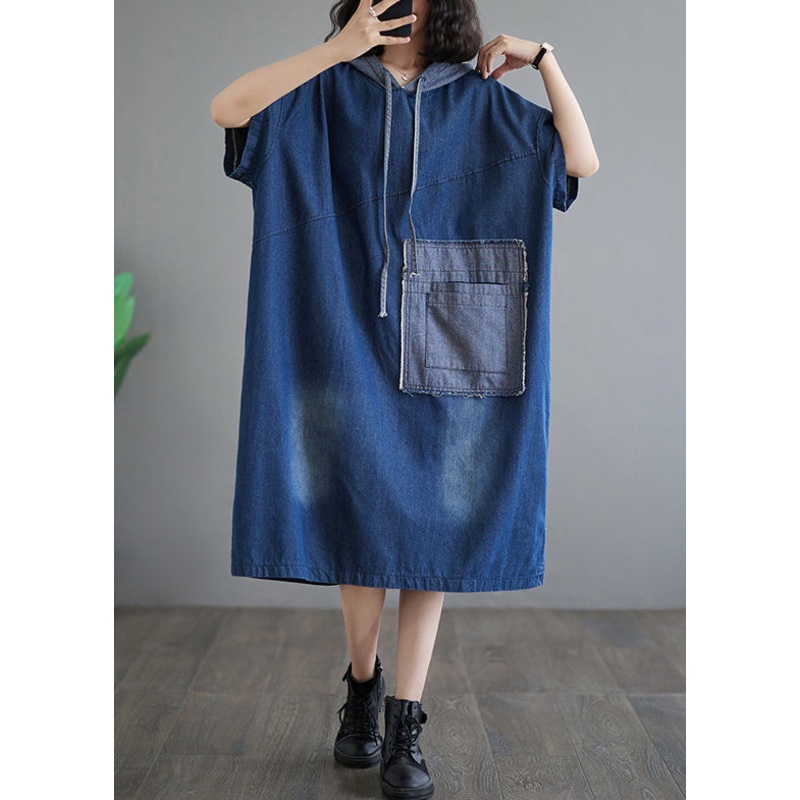 Casual Plus Size Blue Hooded Patchwork Denim Dress Summer
