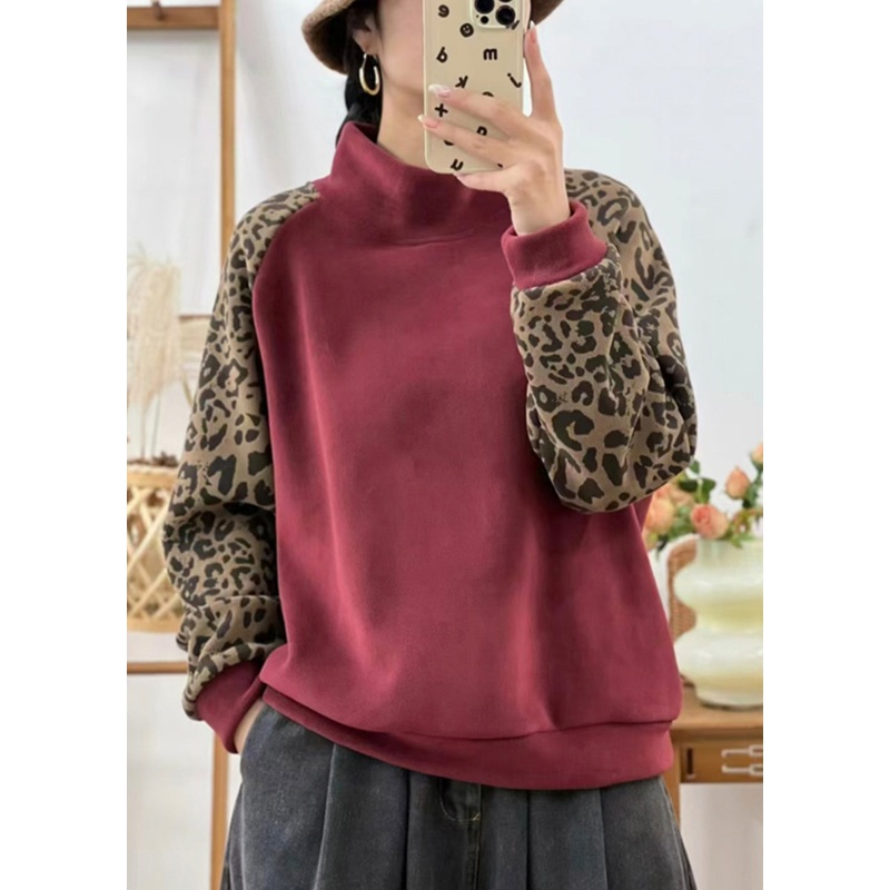Casual Red Hign Neck Leopard Patchwork Warm Fleece Sweatshirts Top Winter