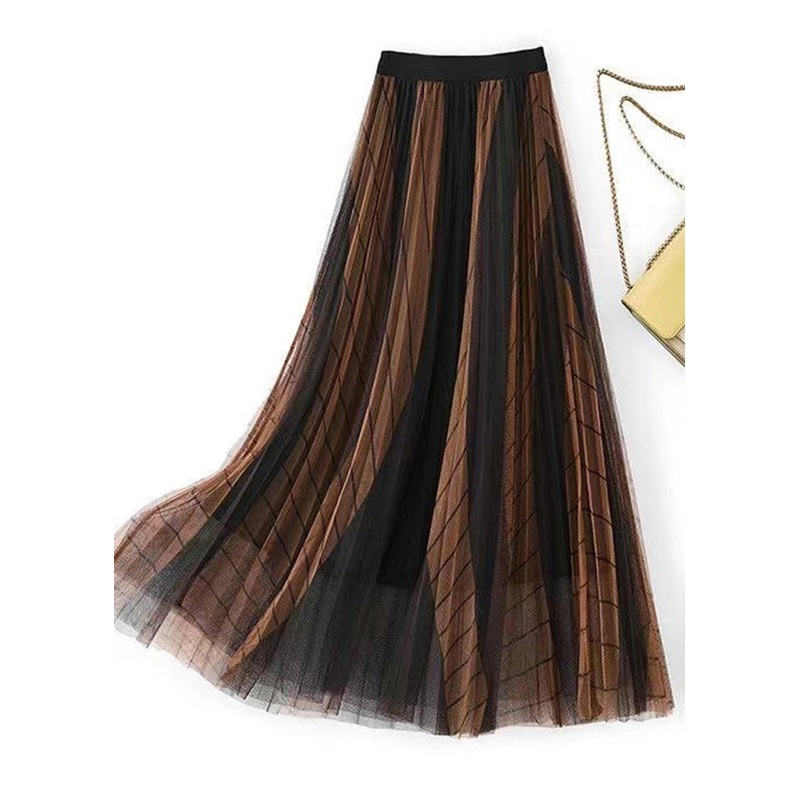 Chic Coffee Gradient Elastic Waist Pleated Skirt Spring