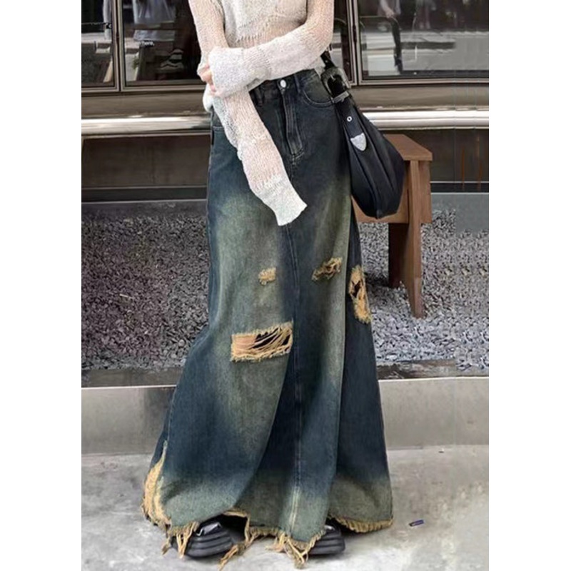 Chic Denim Blue Hole High Waist Skirts Fall