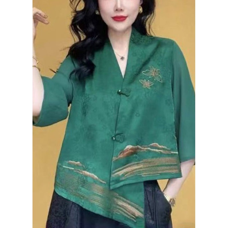Chic Green V Neck Button Silk Shirts Bracelet Sleeve