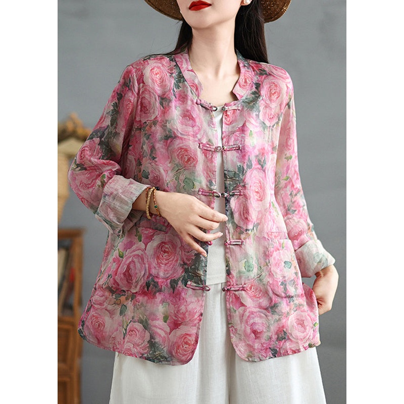 Chinese Style Pink Print Oriental Button Linen Shirts Coat Fall