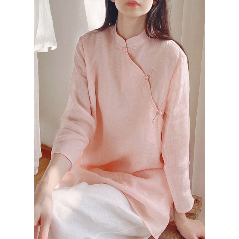 Chinese Style Pink Stand Collar Side Open Cotton Top Spring