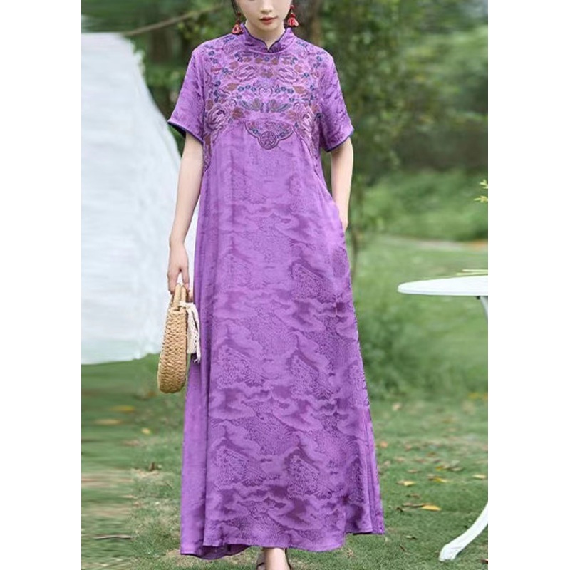 Chinese Style Purple Stand Collar Embroidered Silk Dress Summer