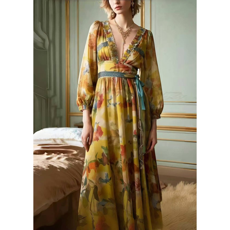 Classy Khaki Cinched Print Chiffon Party Dress Spring