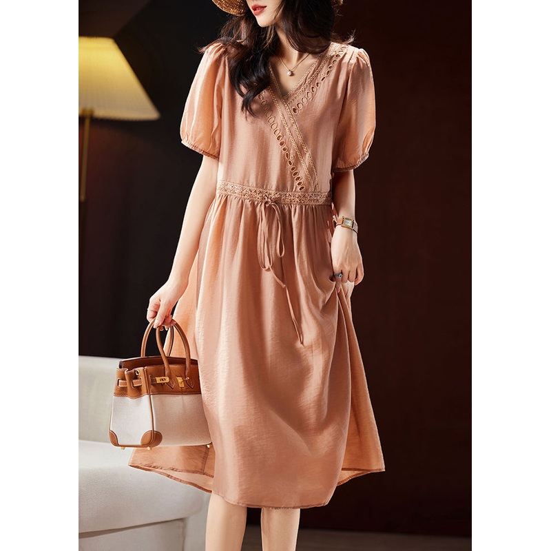 Classy Orange V Neck Hollow Out Patchwork Tie Waist Silk Long Dresses Short Sleeve