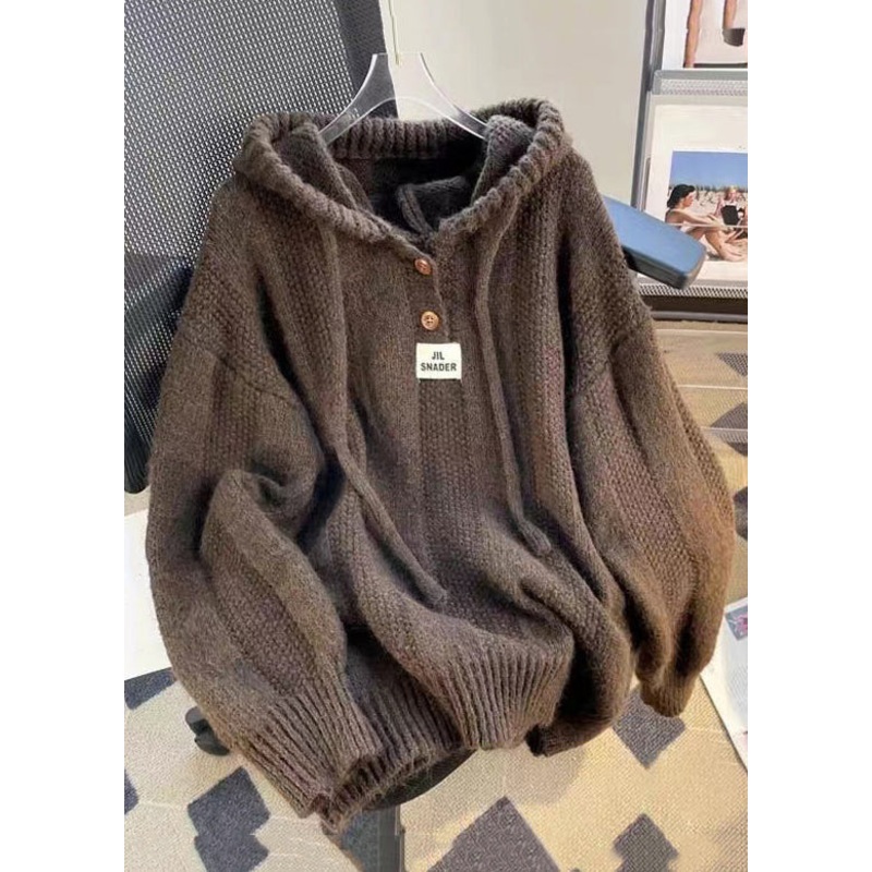 Coffee Button Lace Up Cotton Knit Tops Hooded Long Sleeve