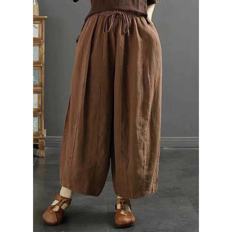 Coffee Solid Lace Up Linen Thin Harem Pants High Waist