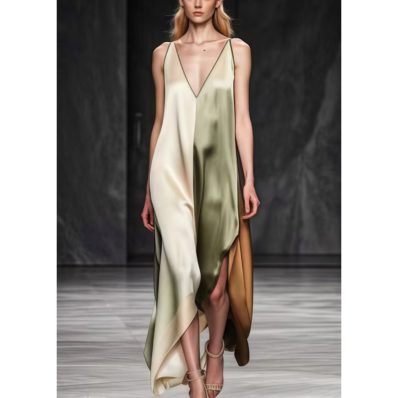 Colorblock Patchwork Silk Party Dress Asymmetrical Design Summer