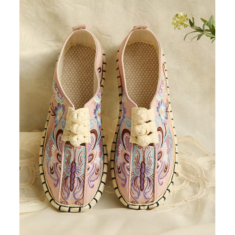 Comfy Flats Embroidered Buckle Strap Pink Linen Fabric Flat Shoes For Women
