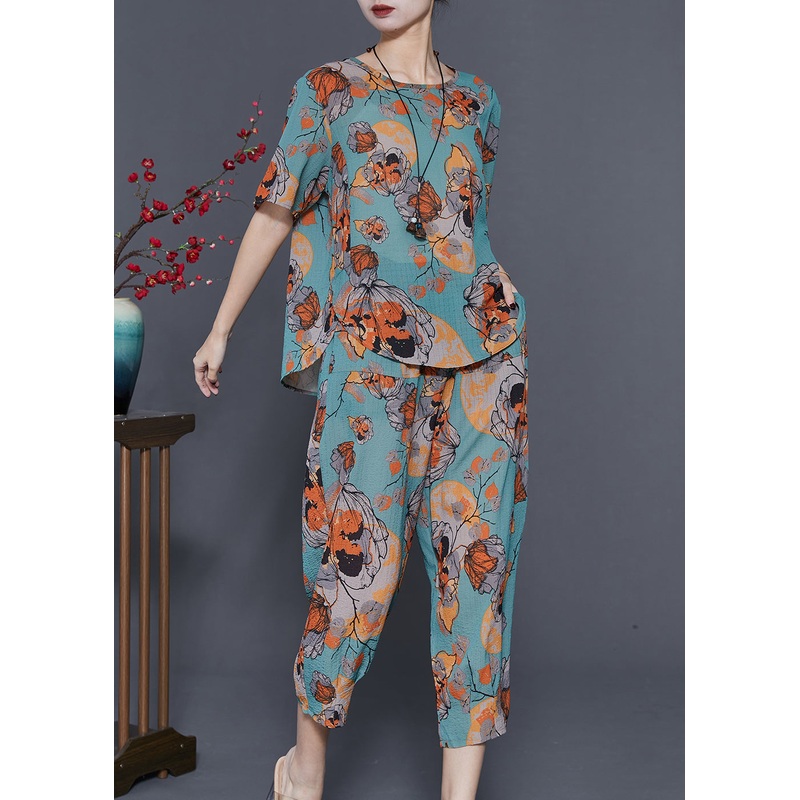 DIY Blue Oversized Print Linen Two Pieces Set Summer