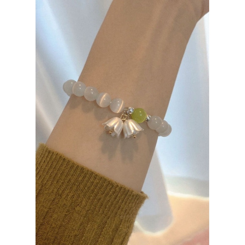 DIY White Cat’s Eye Stone Lily Of The Valley Beading Charm Bracelet