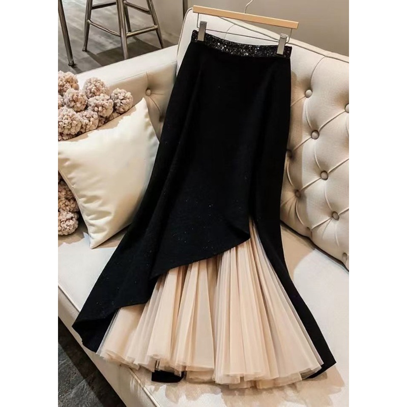 Elegant Black Original Design Chiffon Patchwork Skirts Spring