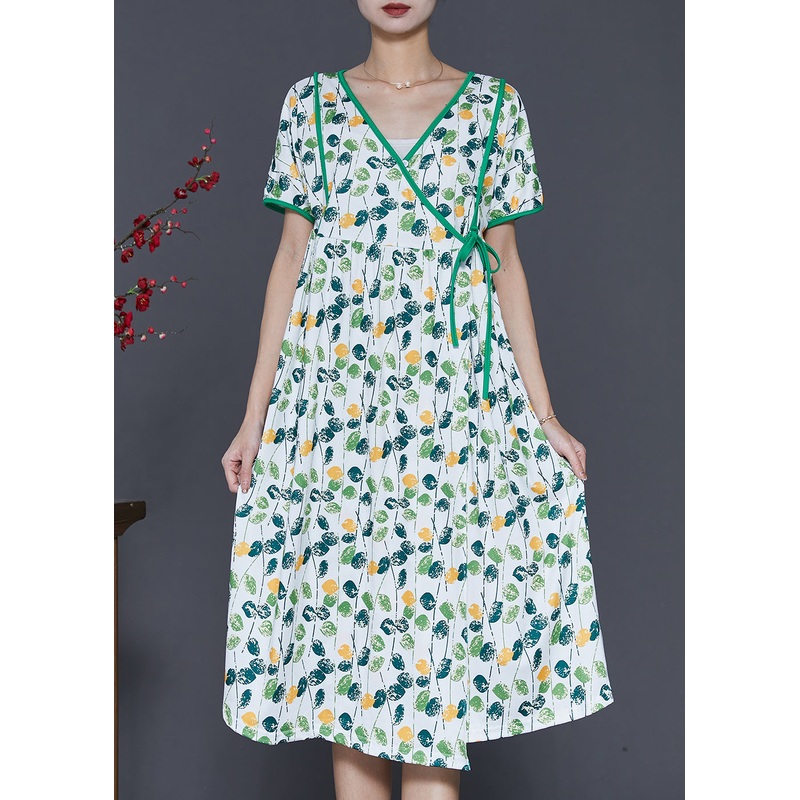 Elegant Green V Neck Print Cotton Dresses Summer