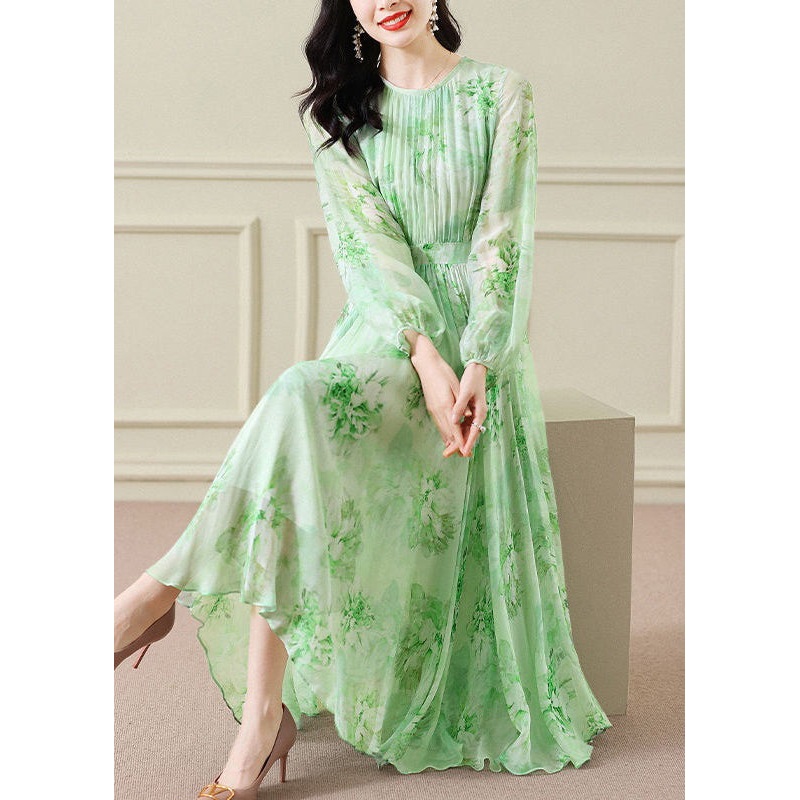 Elegant Green Wrinkled Print Chiffon Maxi Dress Long Sleeve
