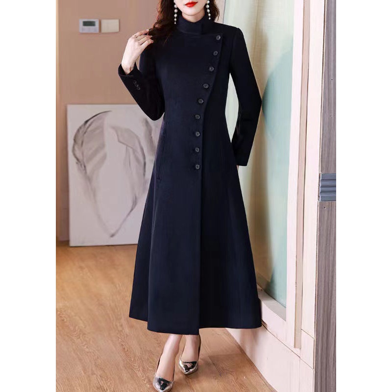 Elegant Navy Peter Pan Collar Button Woolen Long Coat Winter
