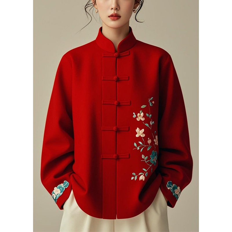 Elegant Red Stand Collar Print Cotton Coats Fall