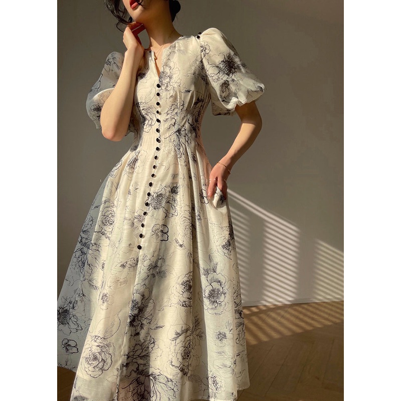 Elegant V Neck Print Button Chiffon Maxi Dress Short Sleeve