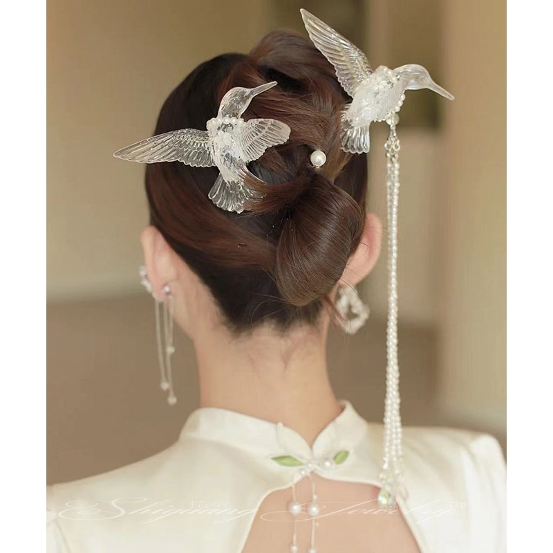 Elegant White Alloy Pearl Resin Magpie Tassel Hairpin