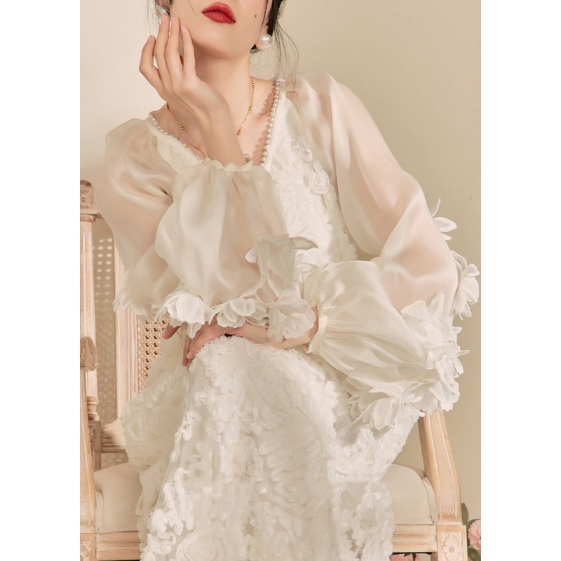 Elegant White V Neck Floral Tulle Maxi Dresses Fall