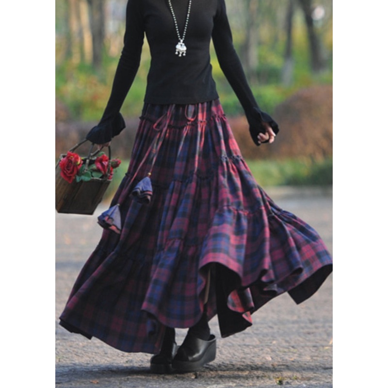 Ethnic Atyle Mulberry Plaid Wrinkled Patchwork Exra Large Hem Cotton Skirts Spring