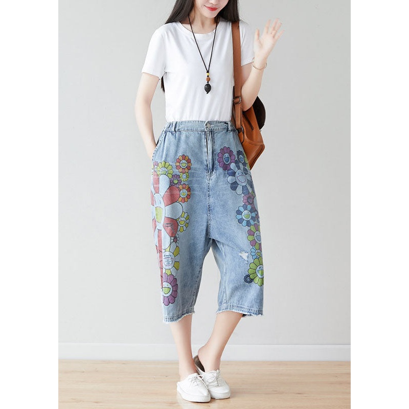 Fashion Blue Elastic Waist Oversized Print Cotton Wide Leg Pants Spring