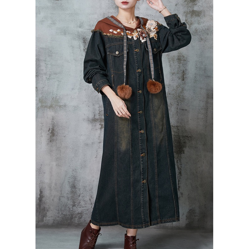 Fine Navy Floral Patchwork Denim Long Dresses Spring