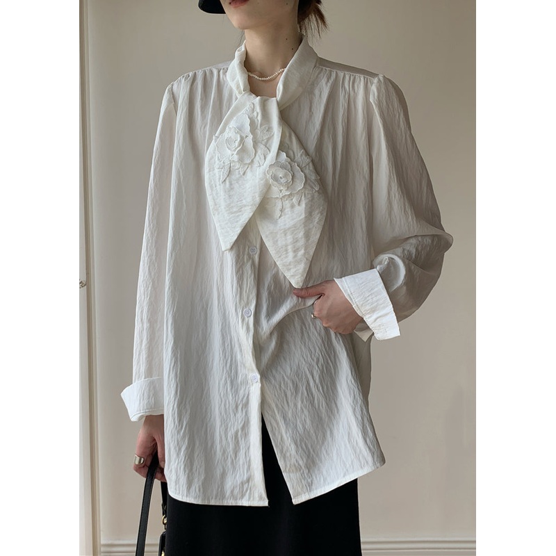 Floral White Bow Button Cotton Blouse Fall